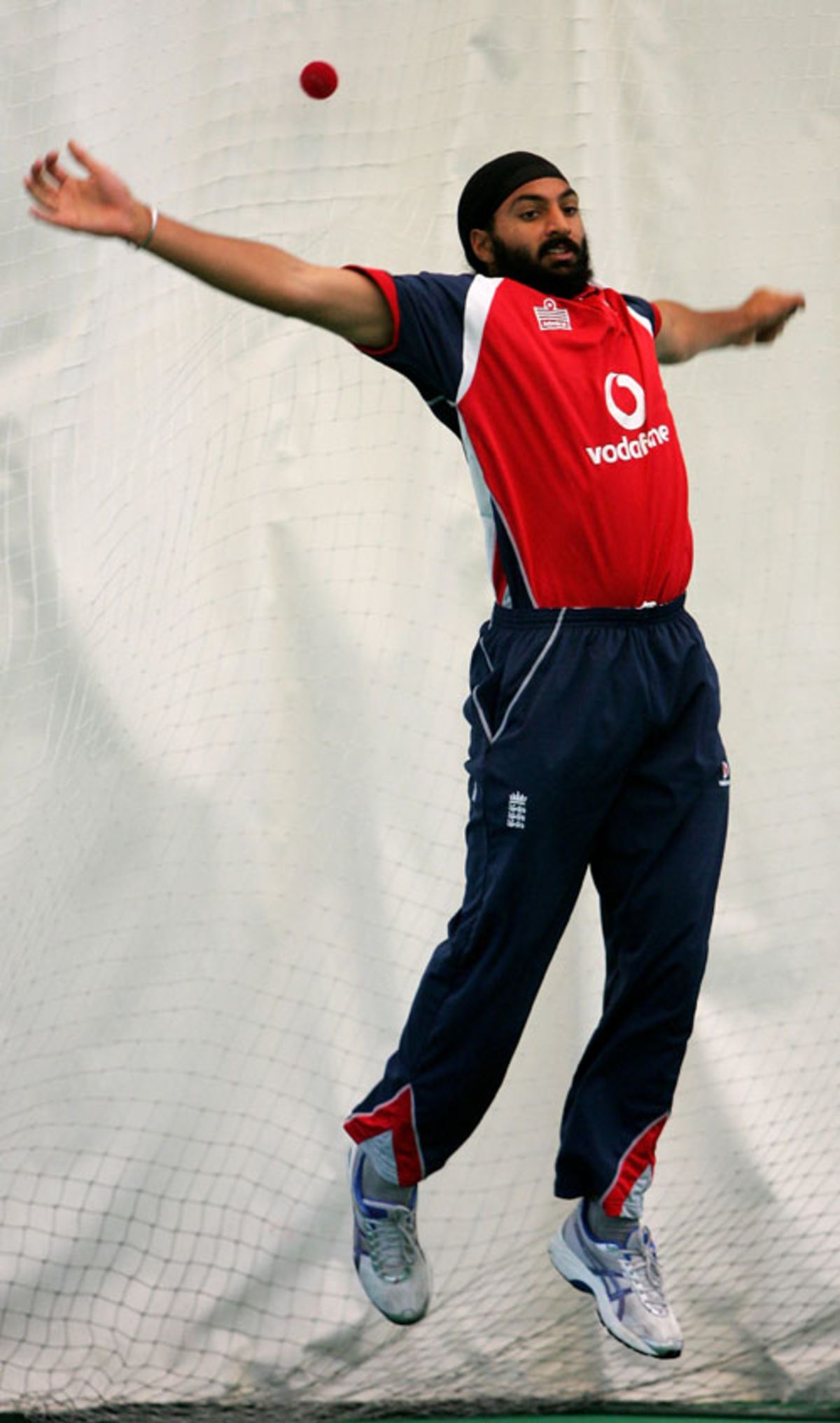 An Airborne Monty Panesar During England S Indoor Practice Session