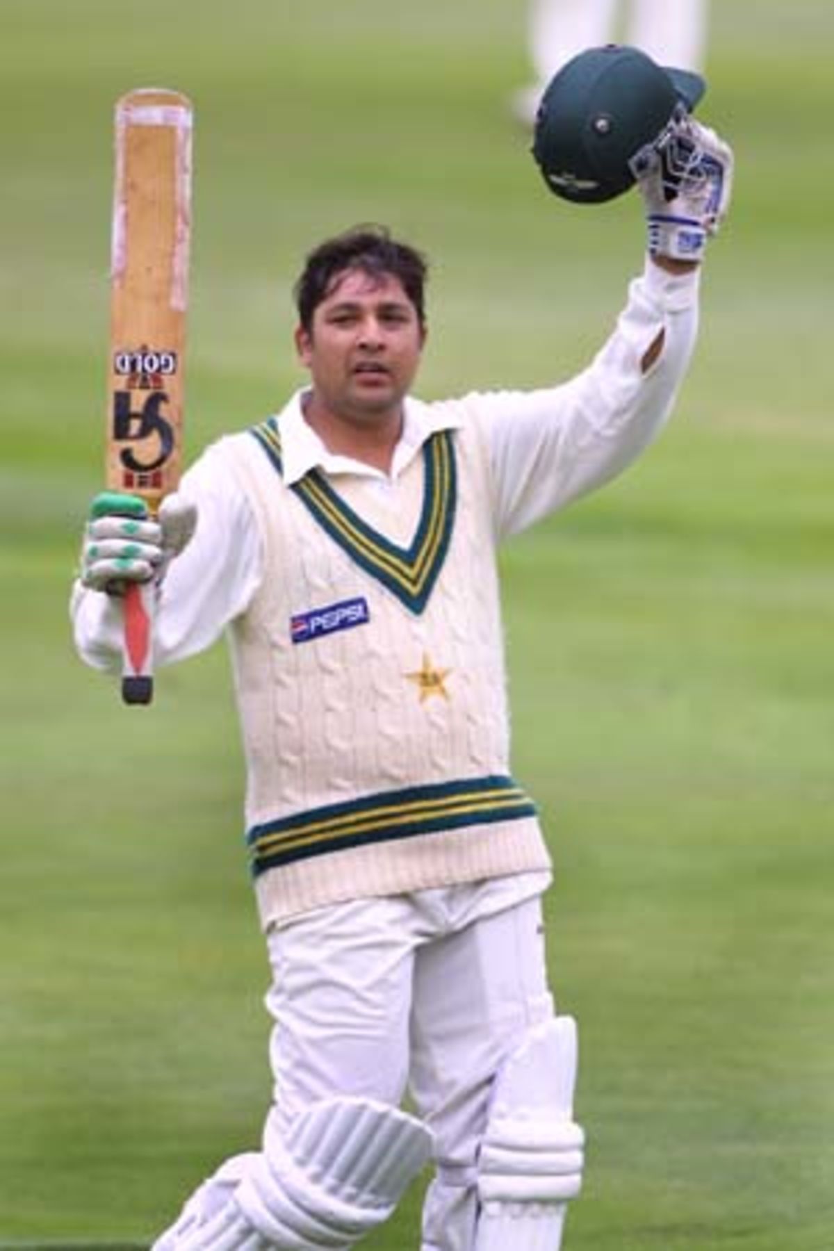 Inzamam Raises His Bat And Helmet In Celebration Of His Century