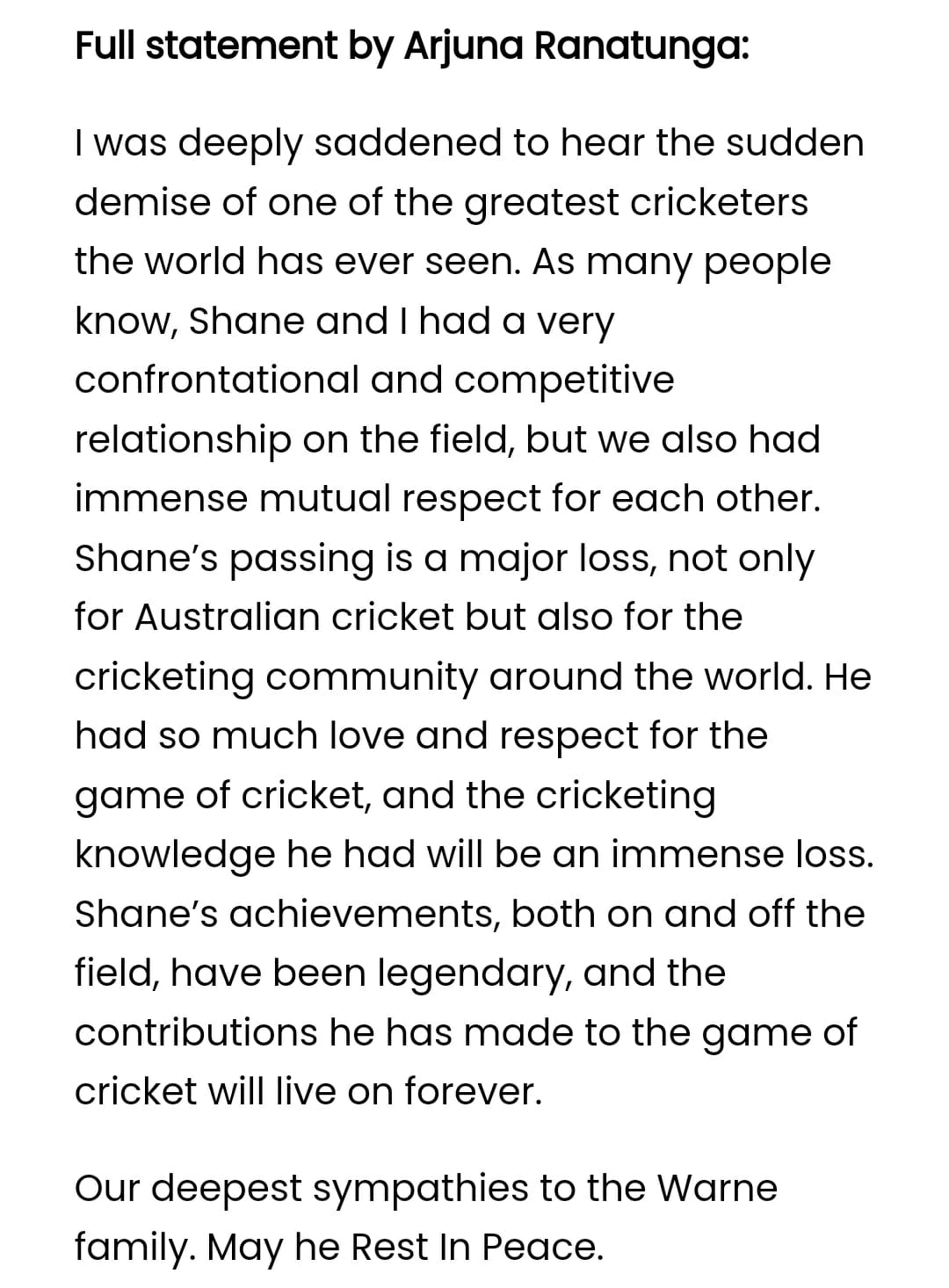 Arjuna Ranatunga S Tribute To Shane Warne Espncricinfo