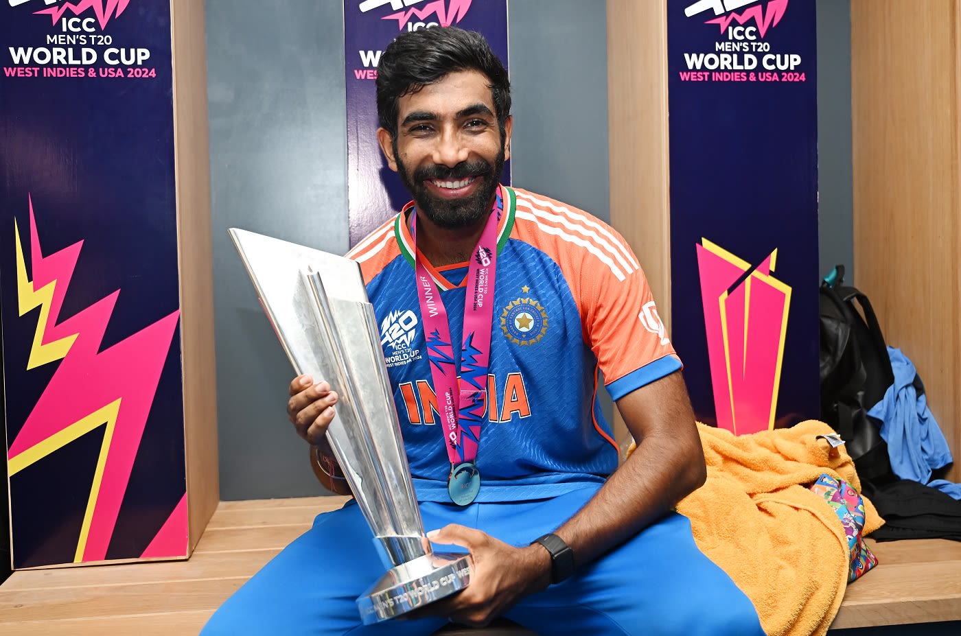 Jasprit Bumrah Poses With The T World Cup Trophy Espncricinfo