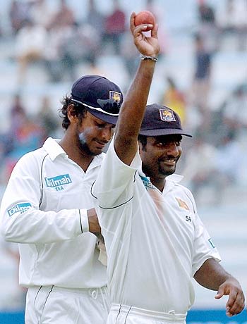 Muttiah Muralitharan Holds The Ball That Got Him His Th Five Wicket