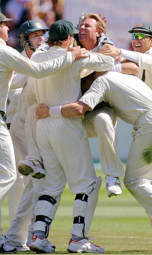 Shane Warne Is Mobbed After Trapping Sajid Mahmood Lbw With A Flipper