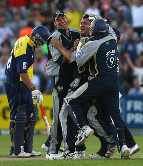 Ryan Mclaren Is Mobbed After Trapping Ian Fisher Lbw For His Hat Trick