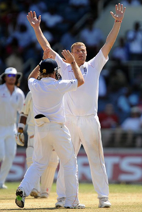 Andrew Flintoff Celebrates The Dismissal Of Ramnaresh Sarwan