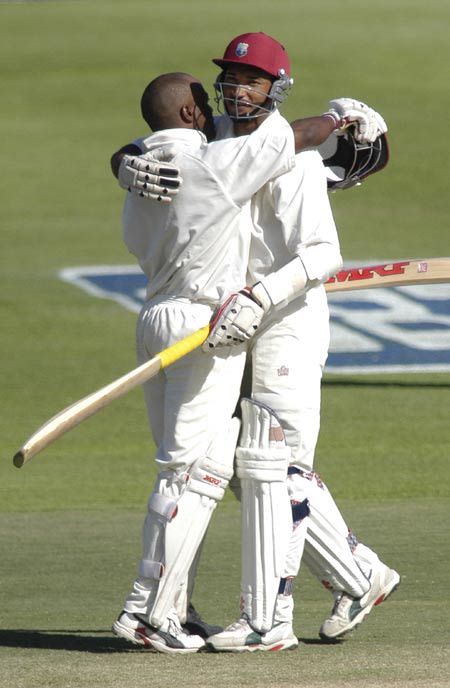 Brian Lara And Adam Stanford Celebrate As Lara Reaches His Century At