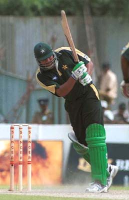 Inzamam Comes Down The Pitch To Drive The Ball Espncricinfo