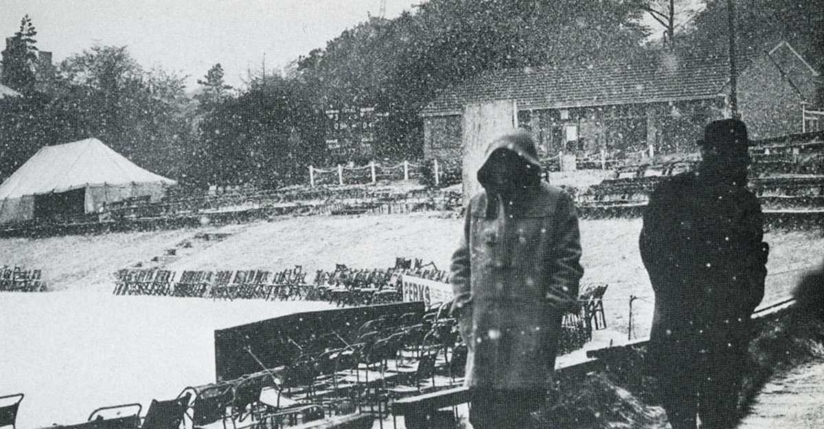 Snow stopped play in the match between Derbyshire and Lancashire, Buxton, June 2, 1975