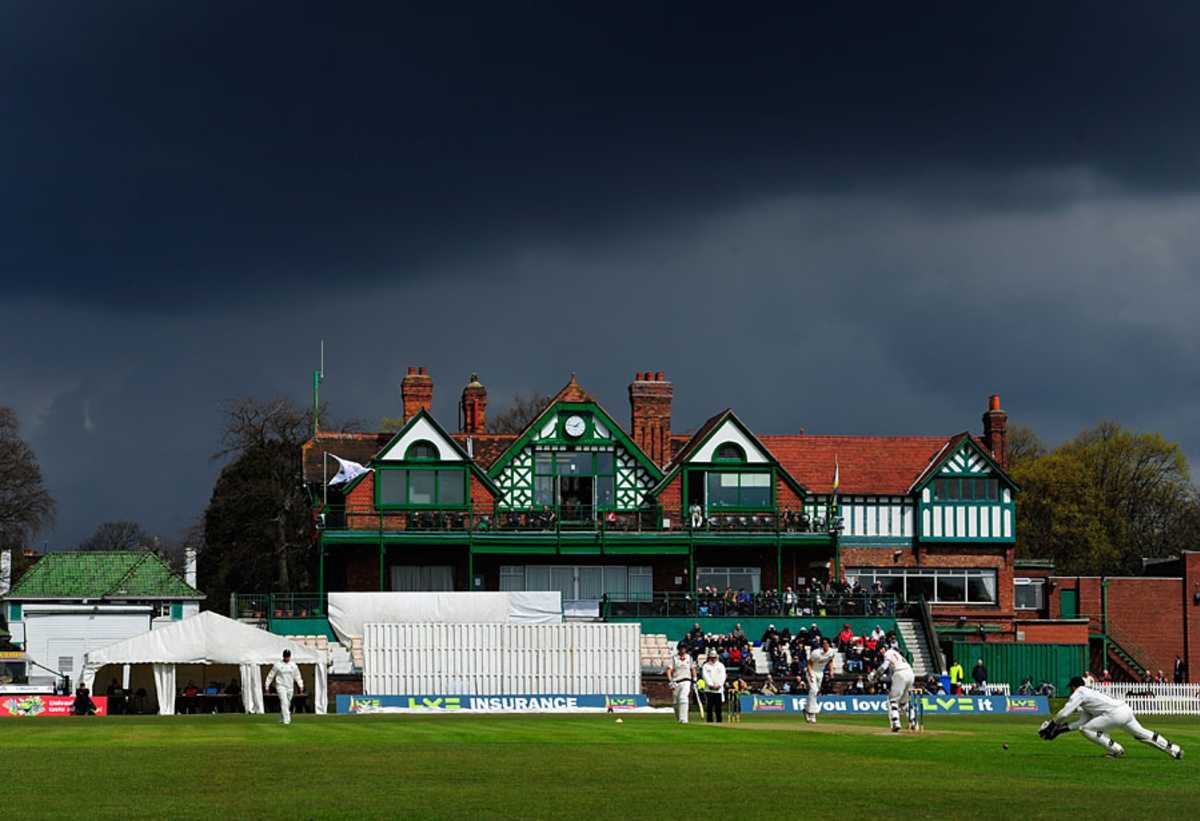 Storm clouds gather over the Aigburth pavilion