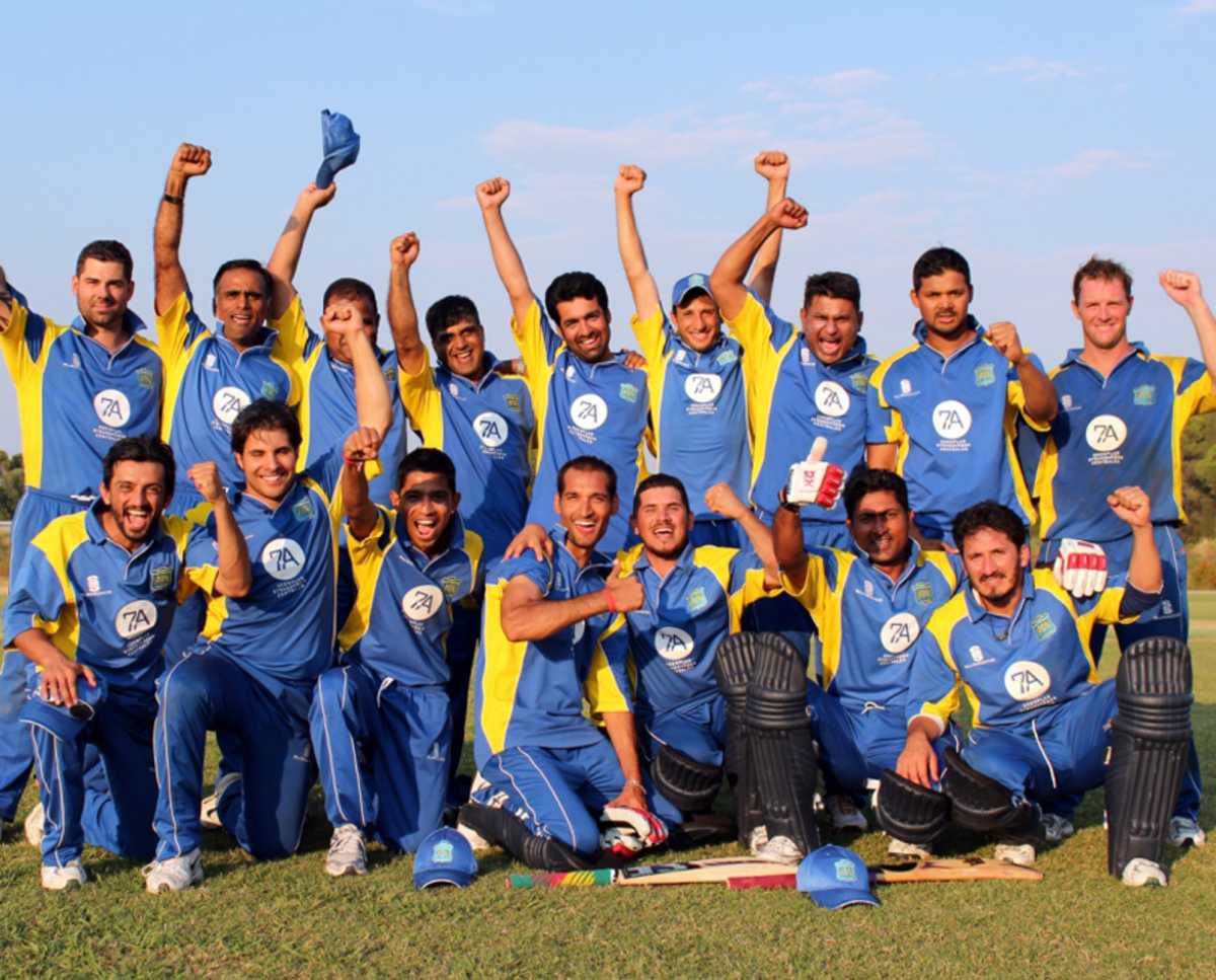 Sweden celebrate their win over Spain and their subsequent promotion to the European Division One, Spain v Sweden, semi-final, European Championship Division Two Twenty20 2012, Corfu, September 7, 2012