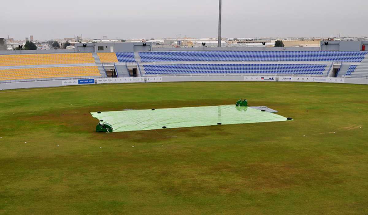 Covers go up at the West End Park International Cricket Stadium