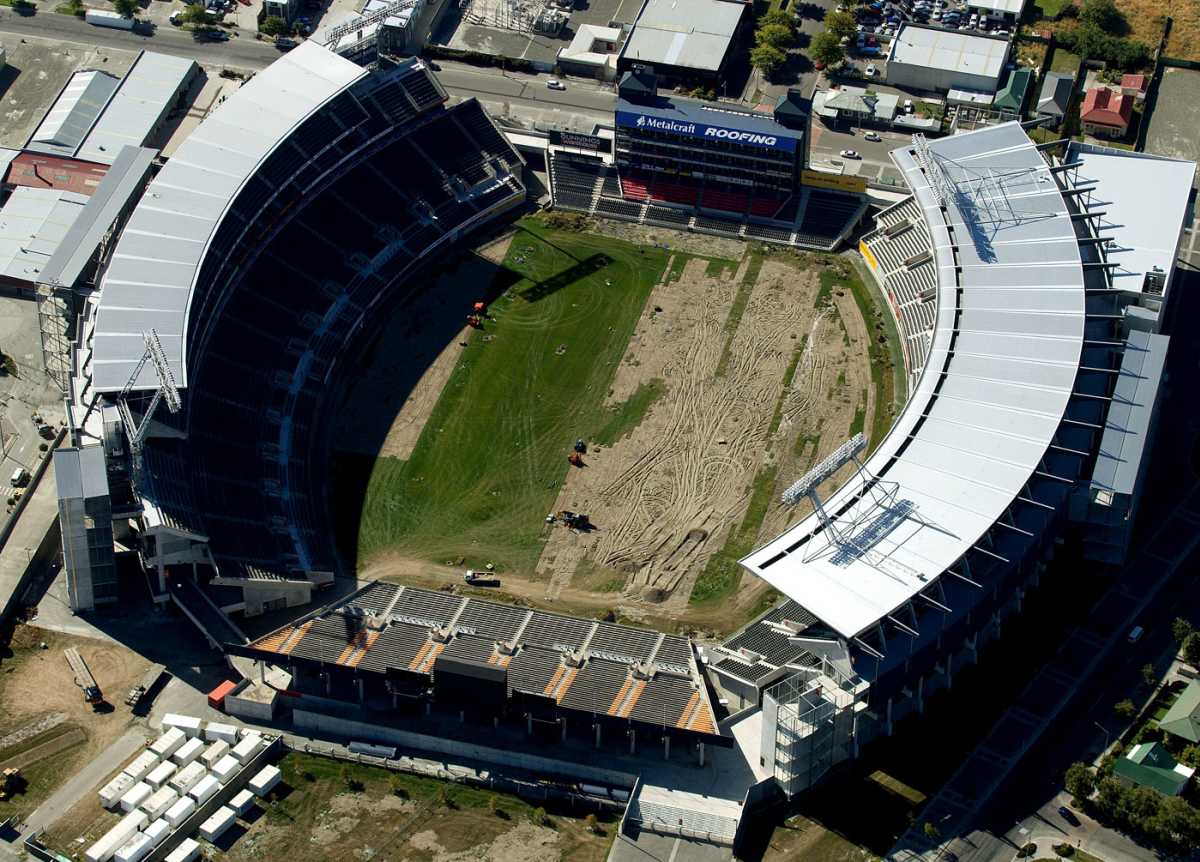 Lancaster Park, a year after being damaged by the earthquake in Christchurch