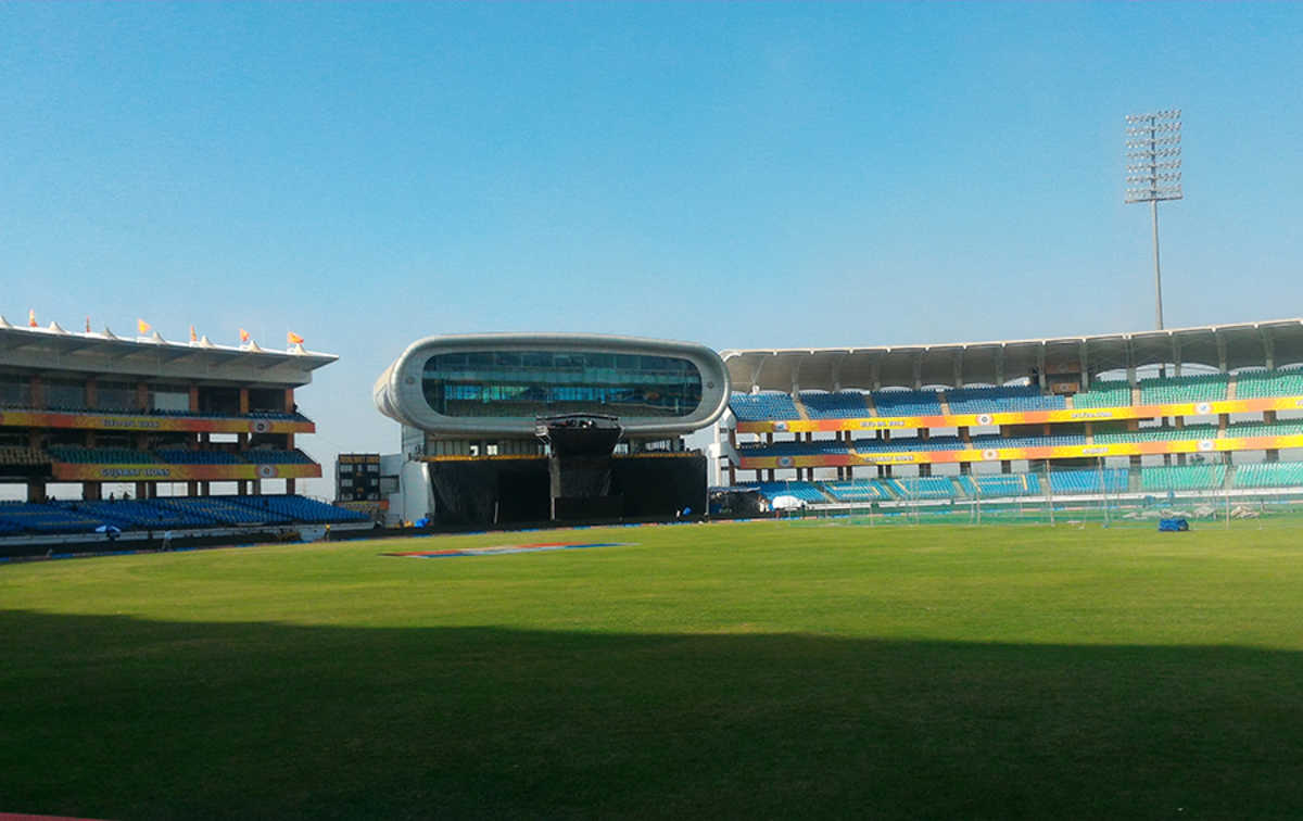 The press box inside the Saurashtra Cricket Stadium