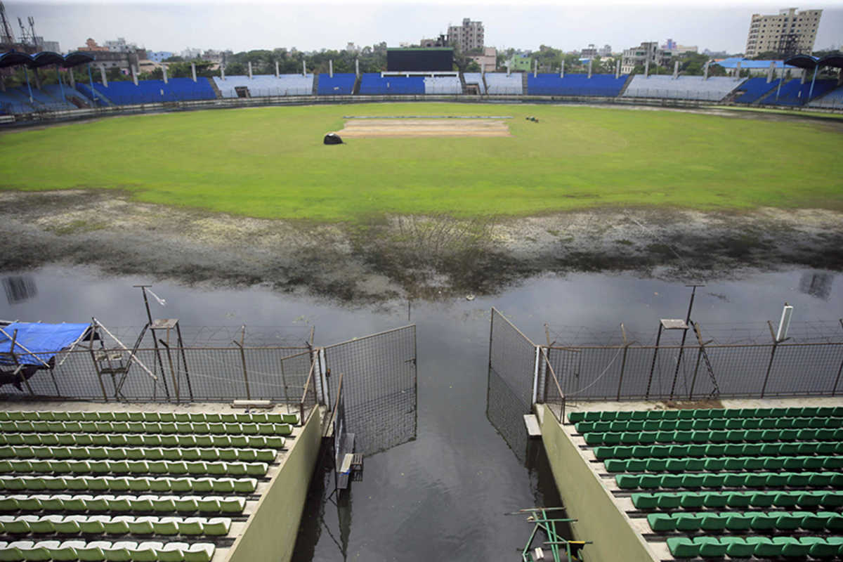 An inundated Khan Shaheb Osman Ali Stadium as seen from the ground's southern stands