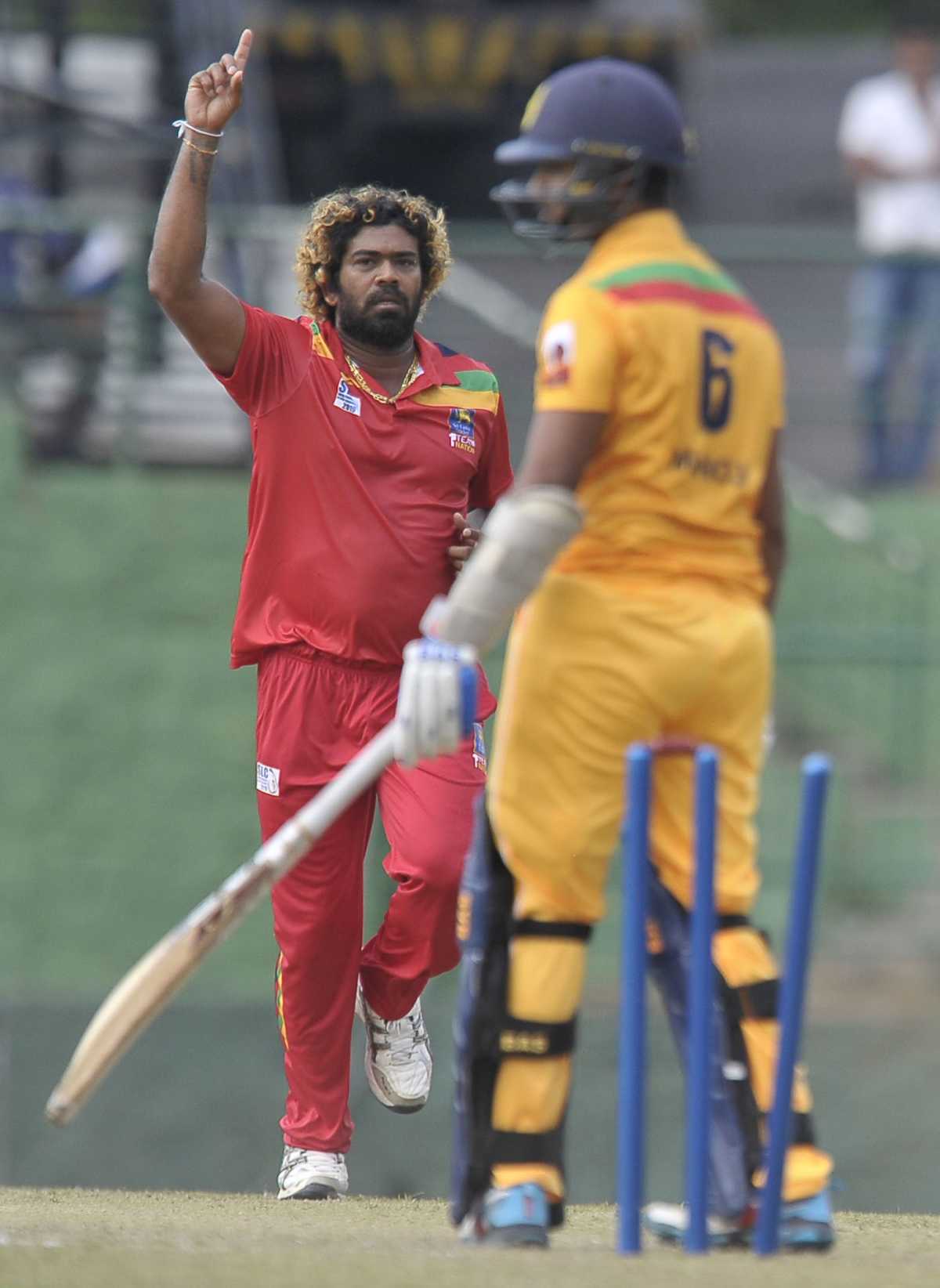 Lasith Malinga celebrates one of his seven wickets, Kandy v Galle, Super Four Provincial Limited Over Tournament 2019, Kandy, April 4, 2019