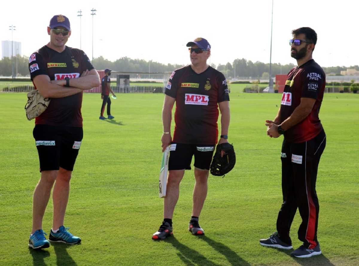 Kyle Mills, David Hussey and Abhishek Nayar attend a Knight Riders training session, Abu Dhabi, September 4, 2020