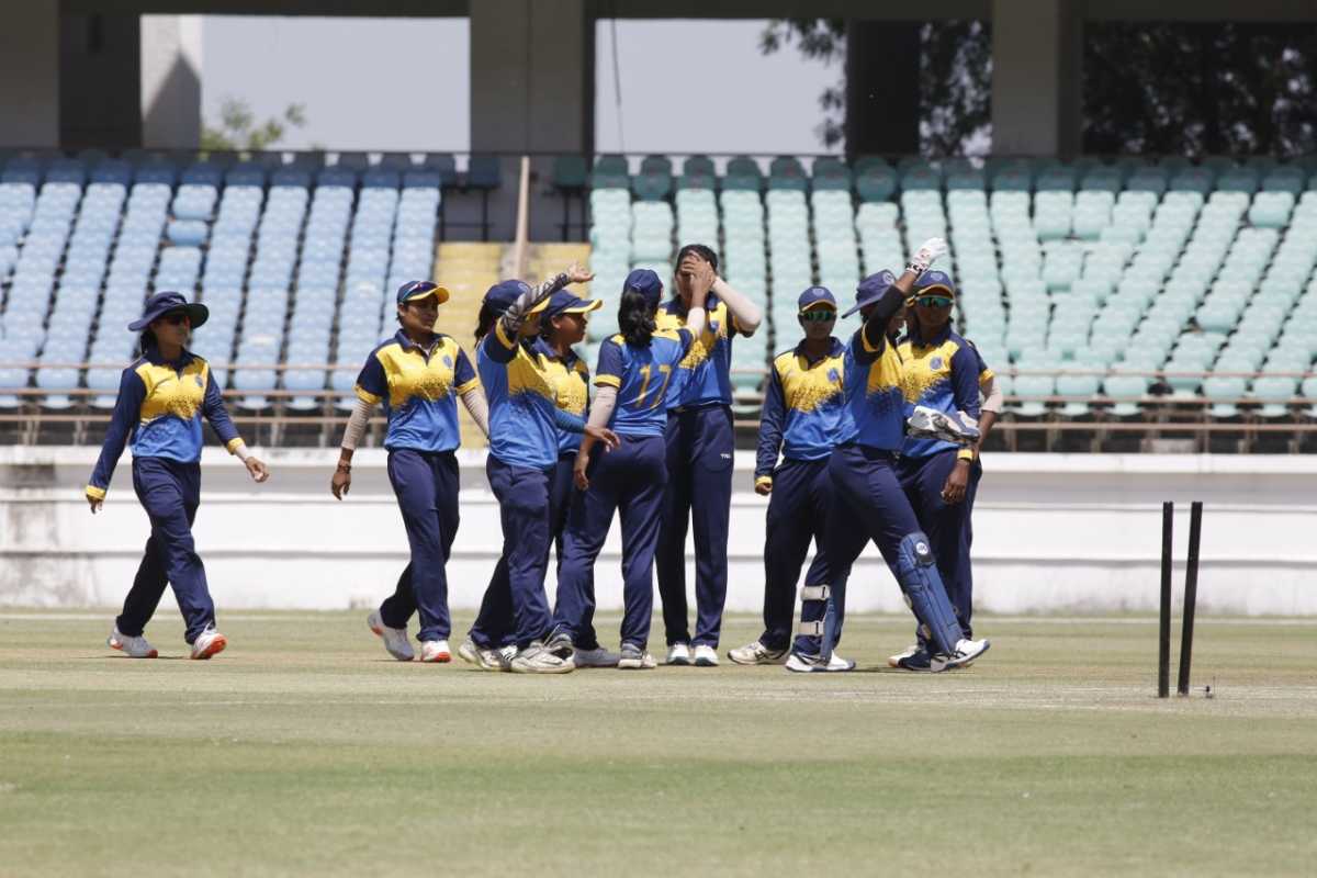 The Jharkhand players celebrate a wicket, Jharkhand vs Karnataka, Rajkot, Women's Senior One Day Trophy 2020-21, March 29, 2021