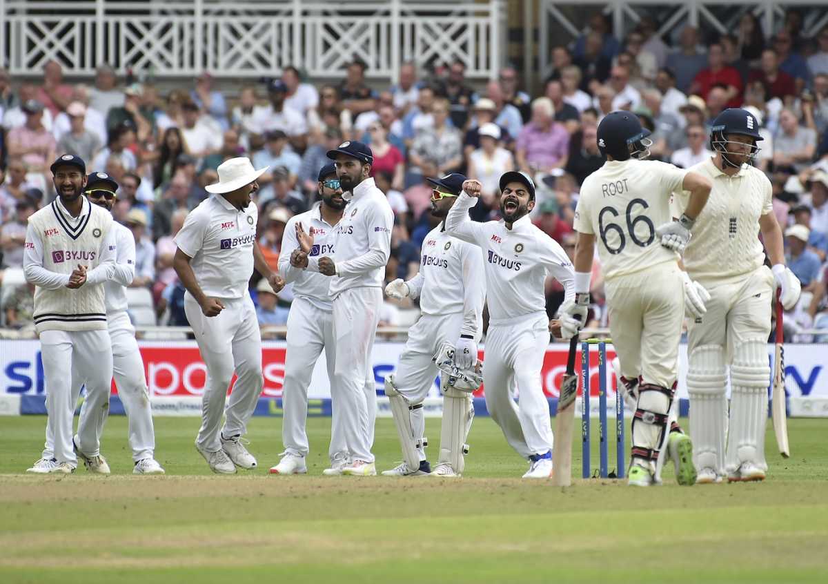 Ajinkya Rahane, Cheteshwar Pujara, Shardul Thakur, Rohit Sharma, KL Rahul, Rishabh Pant and Virat Kohli celebrate the wicket of Jonny Bairstow, 1st Test, Nottingham, 1st day, August 4, 2021
