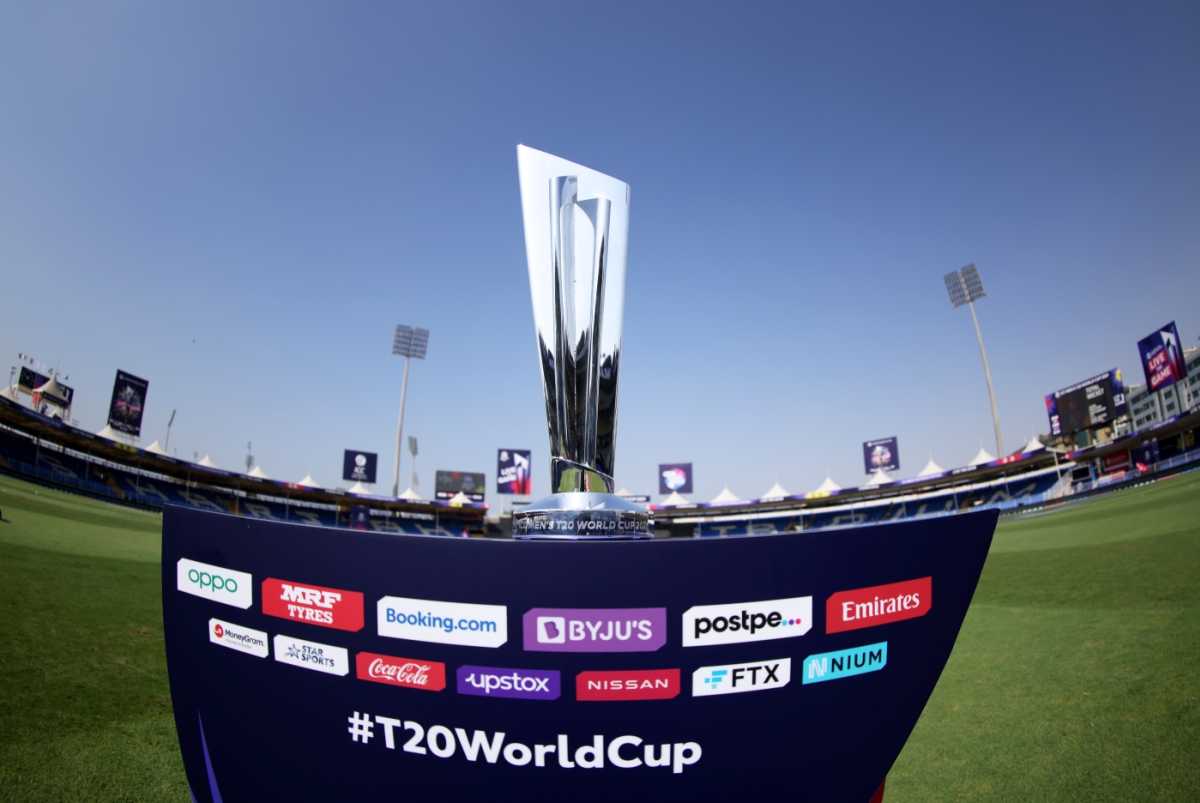 What the teams are sweating it out for in the UAE and Oman: the Men's T20 World Cup trophy, gleaming in the Sharjah sunshine