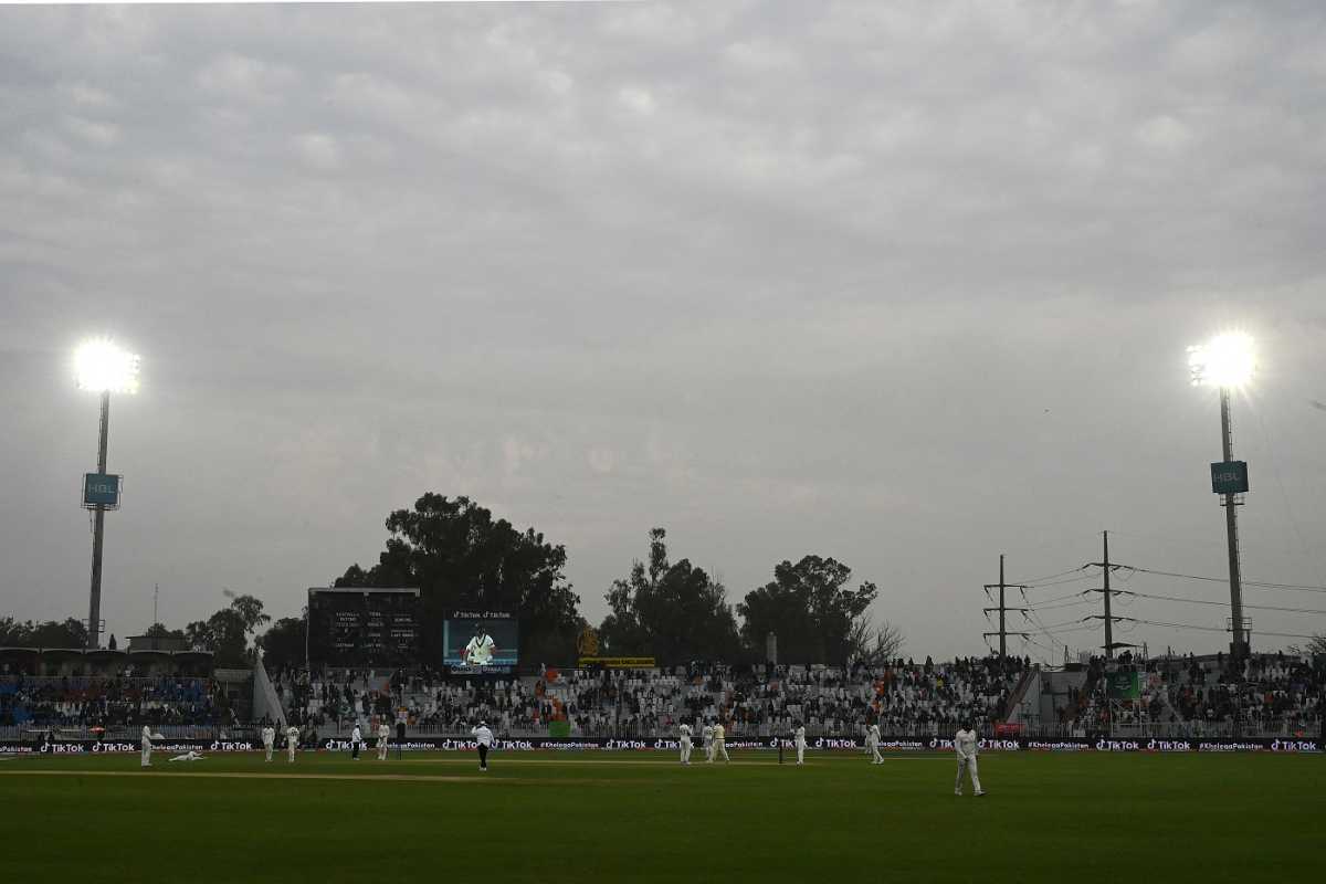 Dark clouds and floodlights take over the Rawalpindi Cricket Stadium