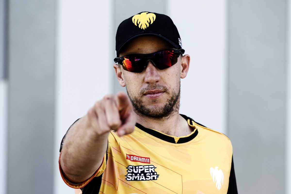 Logan van Beek points at the camera, Wellington vs Canterbury, Super Smash, Wellington, January 9, 2020