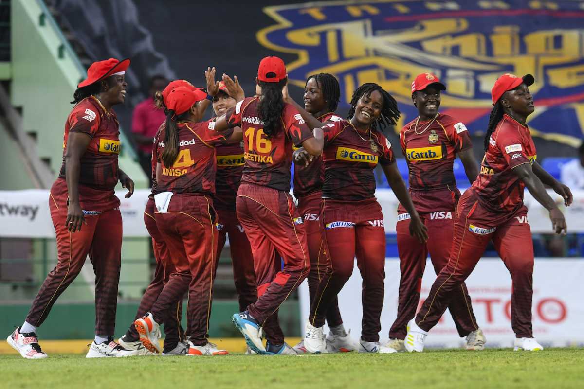 The Trinbago Knight Riders players celebrate the wicket of Reneice Boyce, Barbados Royals vs Trinbago Knight Riders, Women's CPL final, Basseterre, September 4, 2022