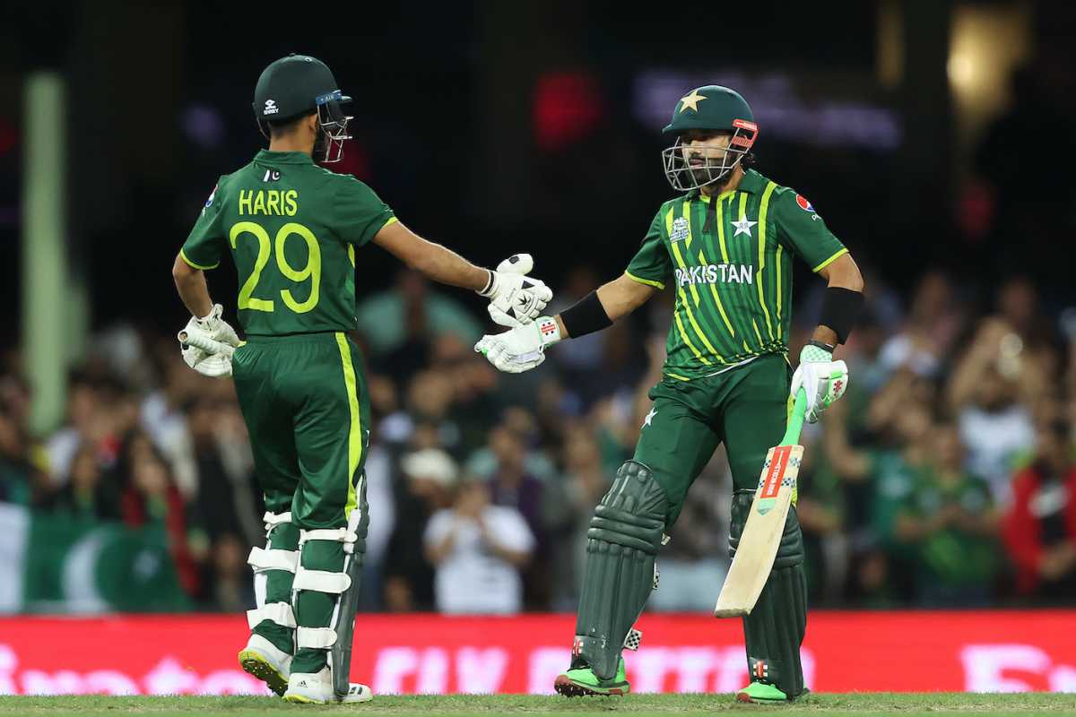 Mohammad Rizwan is congratulated upon reaching fifty by Mohammad Haris, New Zealand vs Pakistan, T20 World Cup 2022, 1st Semi-Final Sydney, November 9, 2022 