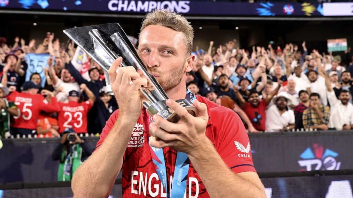 That winning feeling - Jos Buttler kisses the trophy after leading England to victory in his first World Cup as captain, England vs Pakistan, T20 World Cup, final, November 13, 2022