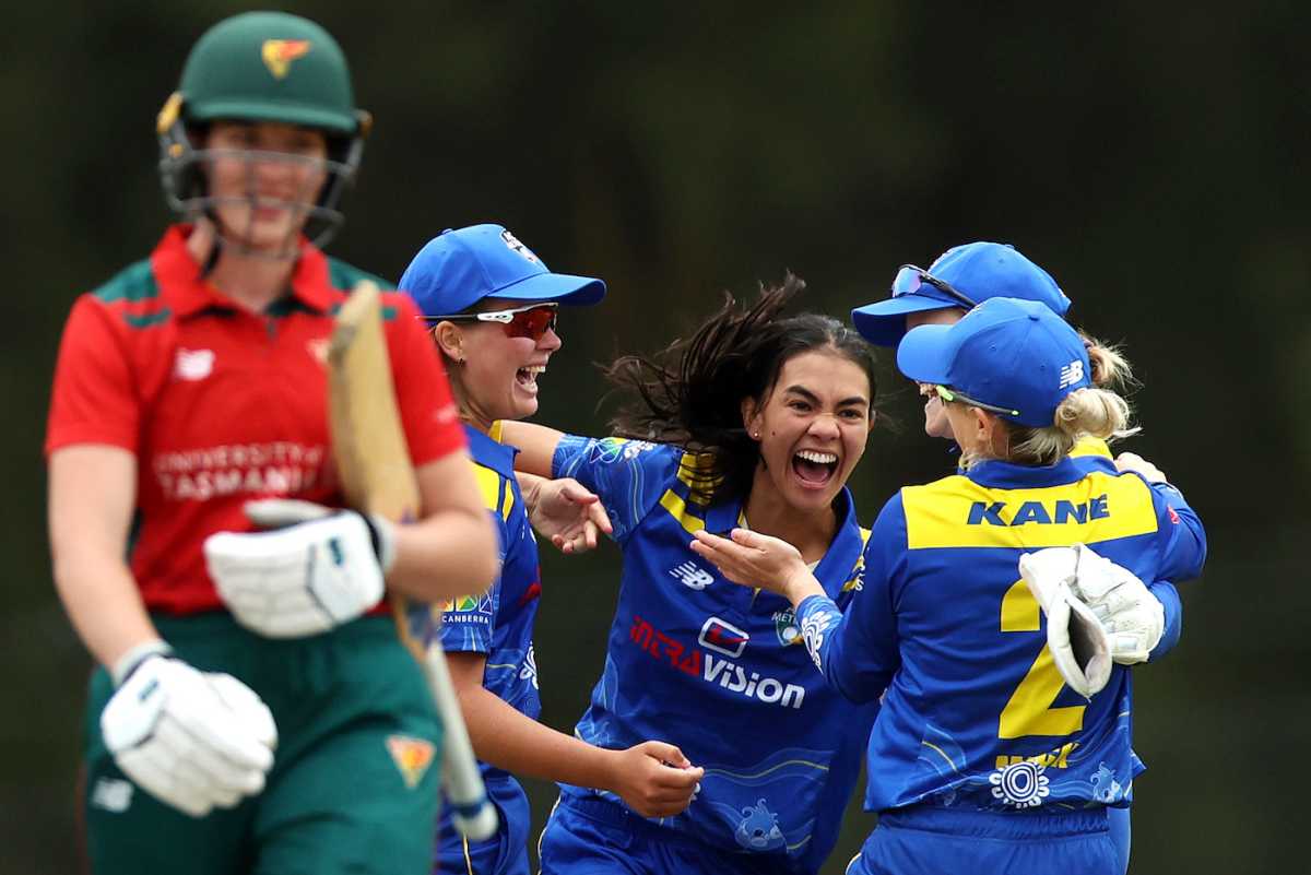 Gabrielle Sutcliffe is ecstatic after picking one of her four wickets, Australian Capital Territory vs Tasmania, WNCL 2022-23, Canberra, January 19, 2023
