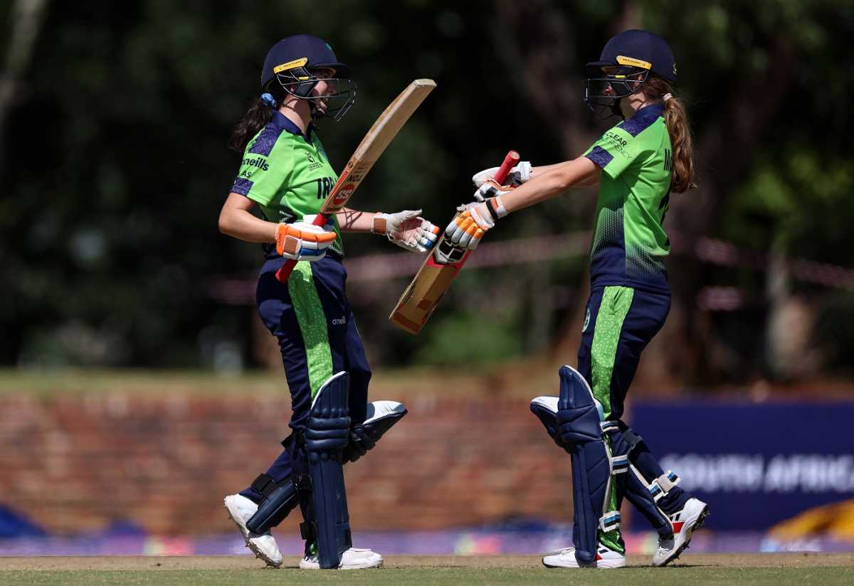 Annabel Squires celebrates her half-century with Julie McNally, Ireland vs Pakistan, U19 Women's T20 World Cup, Potchefstroom, January 23, 2023