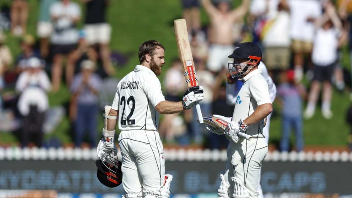 Kane Williamson celebrates after bringing up his double-century • Getty Images