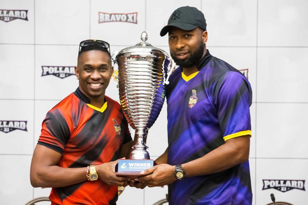 Dwayne Bravo and Kieron Pollard unveil the Selector Fan Cup trophy, Port-of-Spain, August 30, 2019