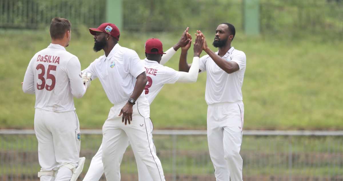The West Indies A players celebrate the fall of a wicket, West Indies A vs Bangladesh A, 2nd unofficial Test, Sylhet. May 26, 2023