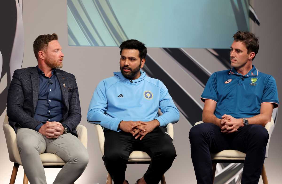 Rohit Sharma and Pat Cummins alongside Ian Bell at an event ahead of the WTC final