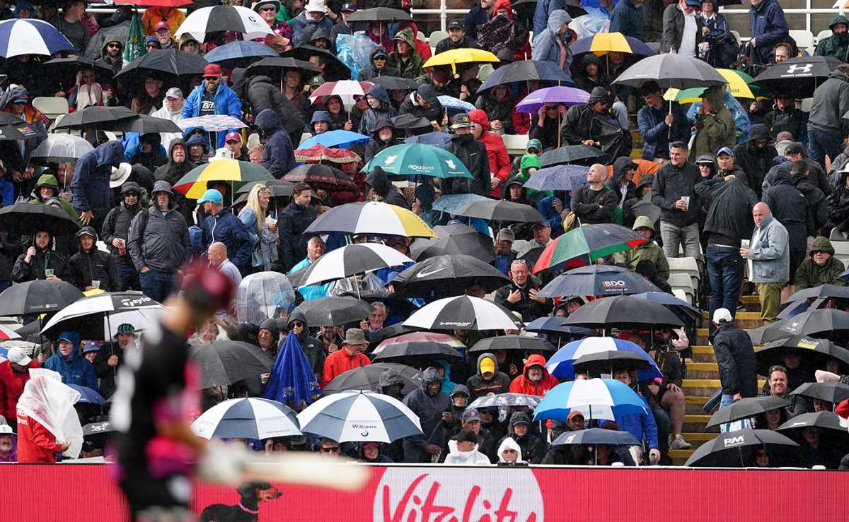 The umbrellas were in regular action on Finals Day, Somerset vs Surrey, Vitality Blast semi-final, Edgbaston, July 15, 2023
