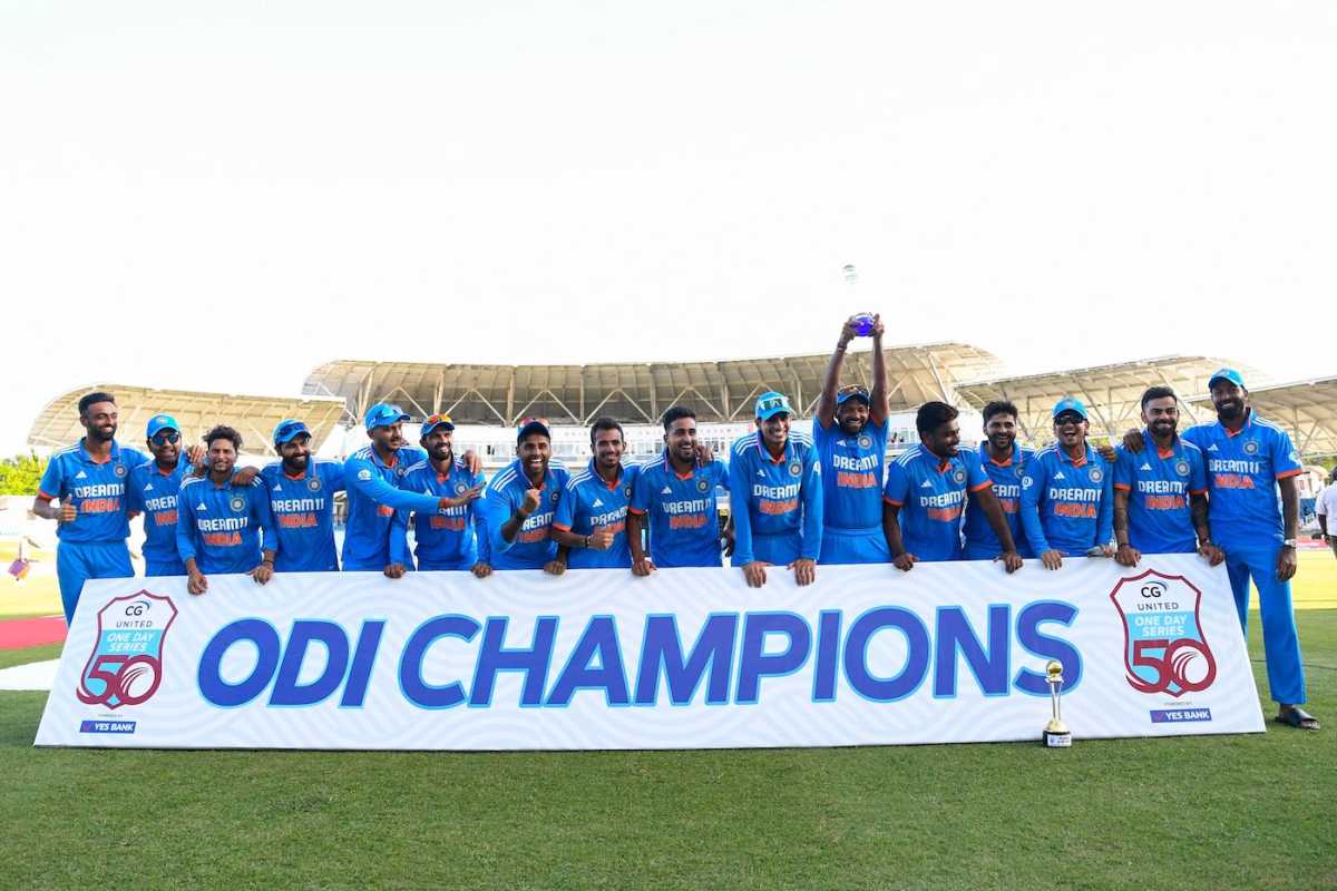 Mukesh Kumar holds the trophy aloft after India beat West Indies in the third ODI to take the series 2-1
