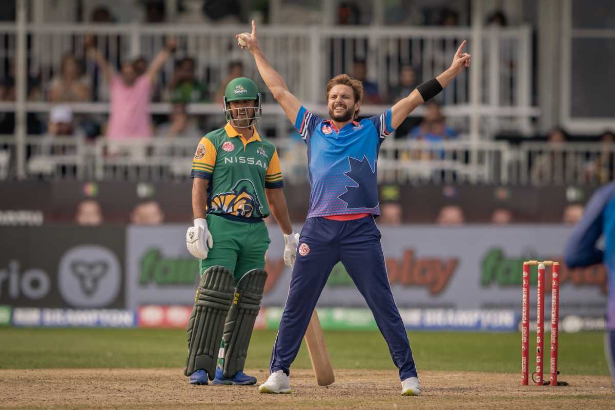 Shahid Afridi brings out his star celebration, Vancouver Knights vs Toronto Nationals, Global T20 Canada, Brampton, August 2, 2023
