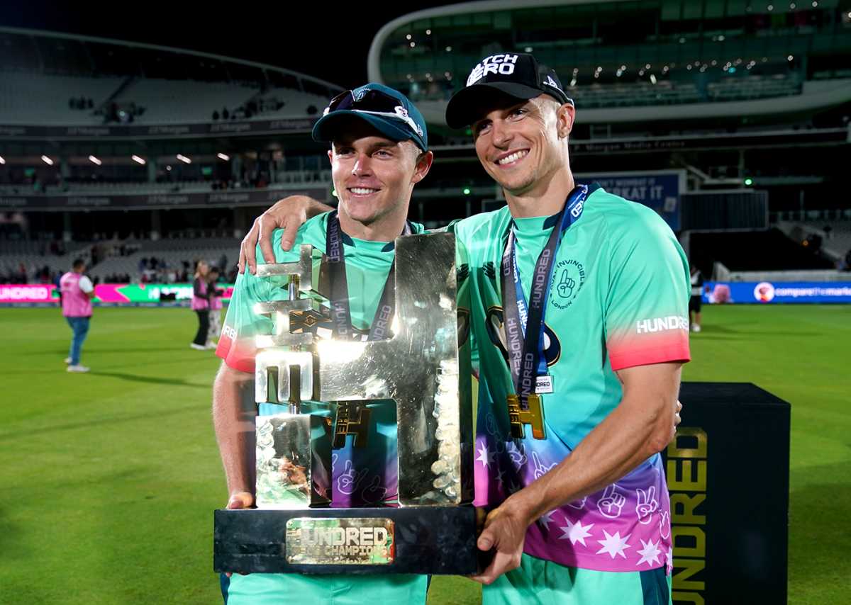 Sam and Tom Curran pose with the Hundred trophy, Oval Invincibles vs Manchester Originals, Men's Hundred final, Lord's, August 27, 2023