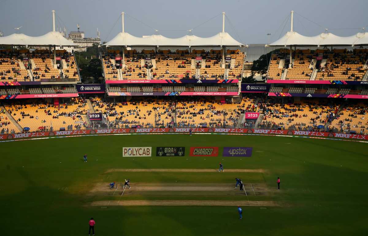 A general view of the action at the MA Chidambaram Stadium, New Zealand vs Afghanistan, Men's ODI World Cup, Chennai, October 18, 2023