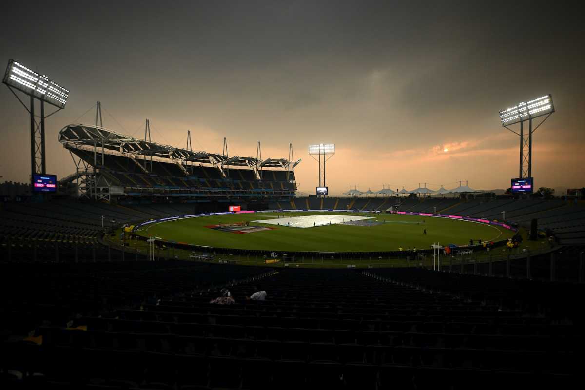 The MCA stadium in Pune in its twilight glow, India vs Bangladesh, Men's ODI World Cup, Pune, October 18, 2023