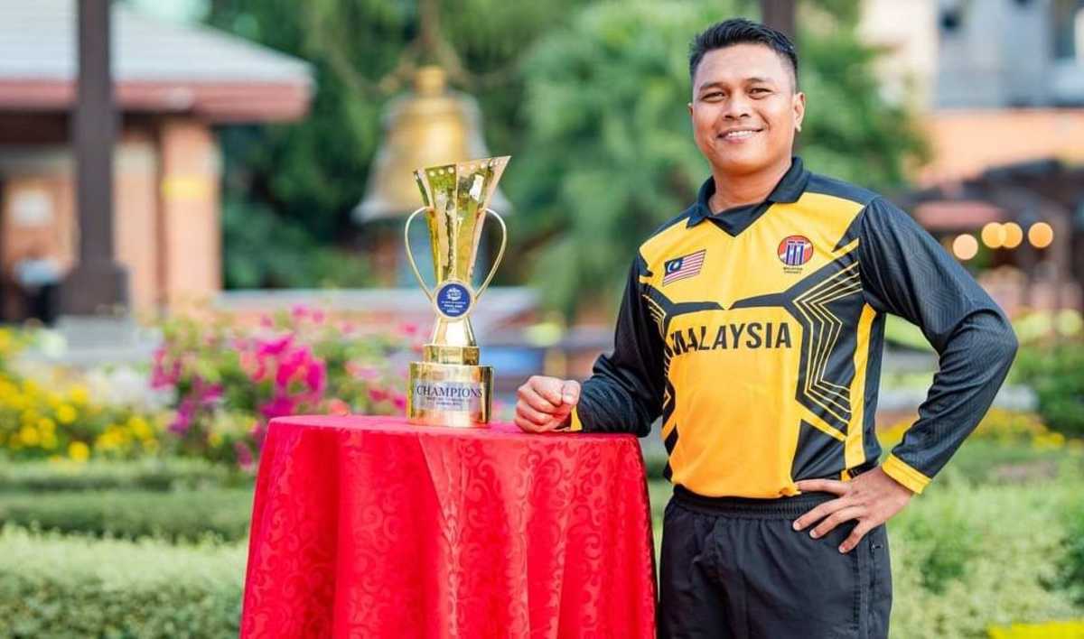 Ahmad Faiz, captain of the Malaysia team, poses with the trophy, ICC Men's T20 World Cup Asia Qualifier Final 2023, Kathmandu, October 29, 2023