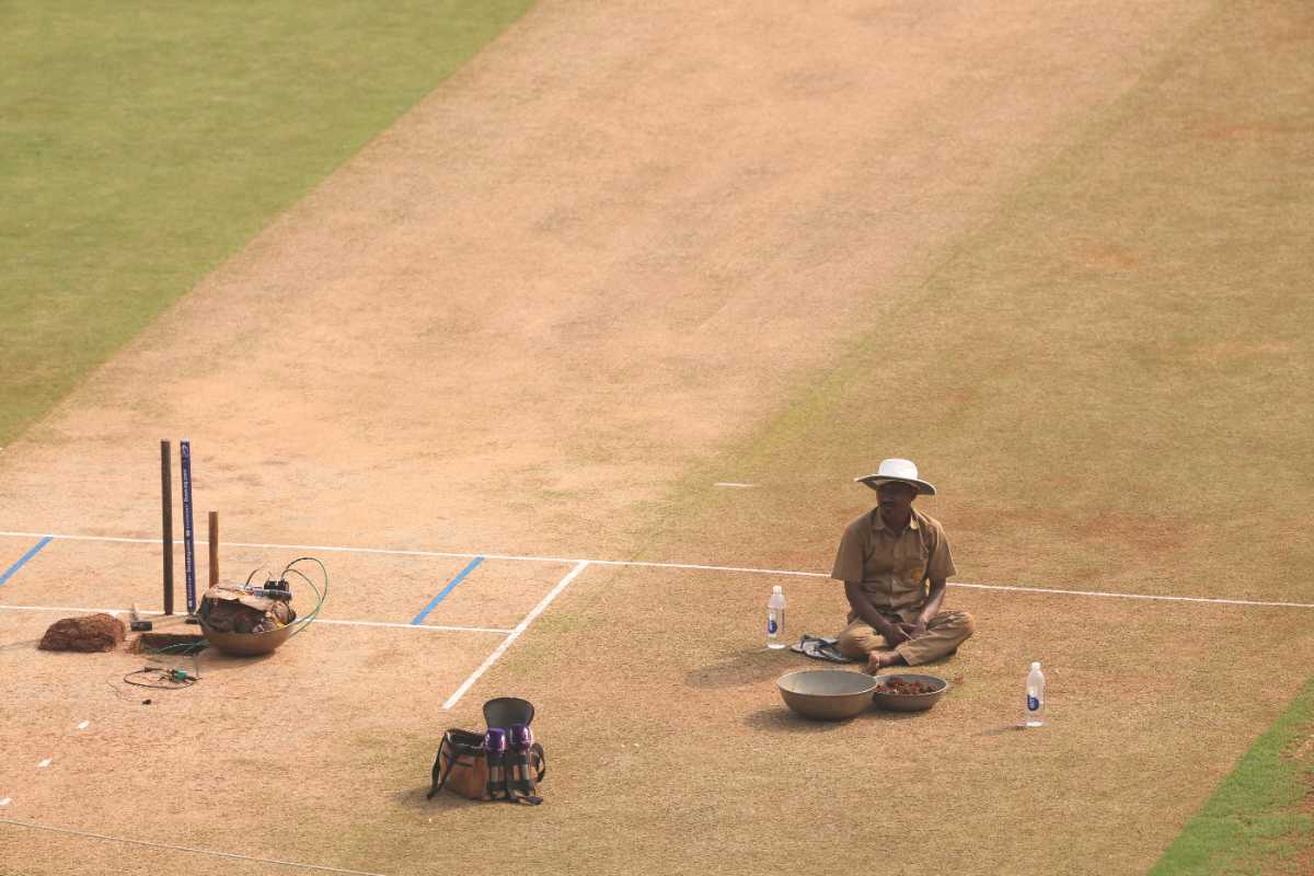 Preparations on the Wankhede pitch that will be used for the India-New Zealand semi-final