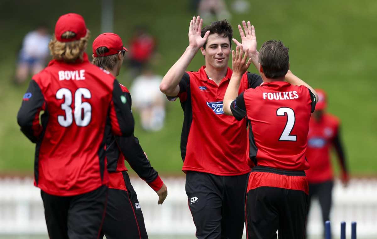 Will O'Rourke celebrates a wicket, Wellington vs Canterbury, Ford Trophy, Wellington, December 7, 2023