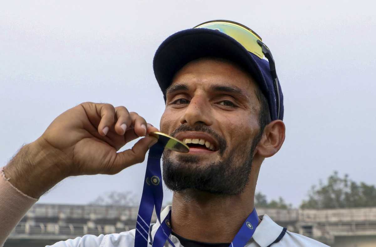 Saurashtra's Chirag Jani poses with his Player-of-the-Match medal
