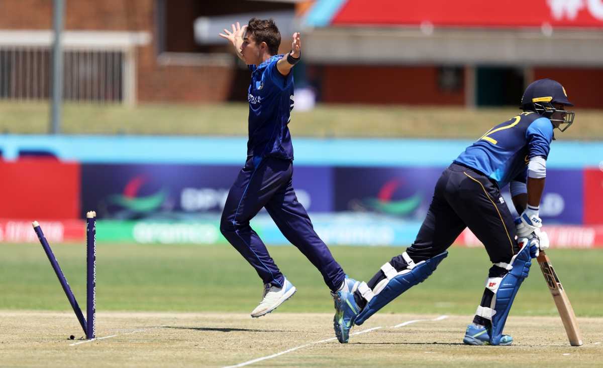 Zacheo van Vuuren took four wickets in his first seven overs, Namibia Under-19 vs Sri Lanka Under-19, Under-19 World Cup 2024, Kimberley, January 24, 2024
