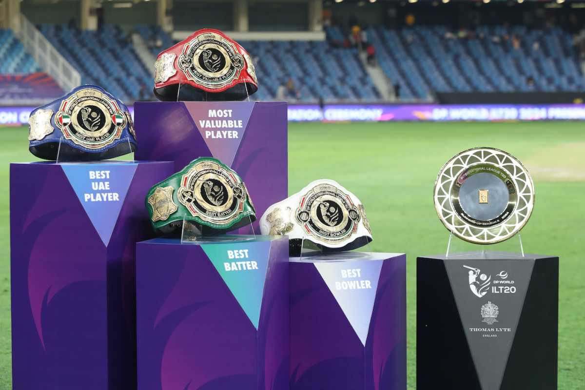 The ILT20 championship belts in all their glory, MI Emirates vs Dubai Capitals, final, Dubai, ILT20, February 17, 2024