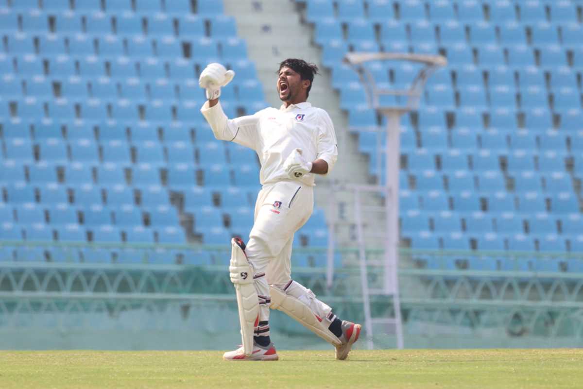Priyam Garg celebrates his hundred, off just 95 balls