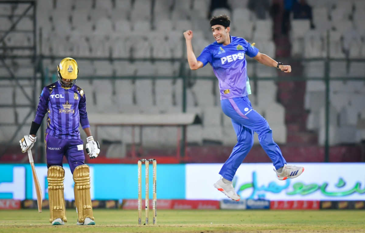 Abbas Afridi is pumped up after the wicket of Akeal Hosein, Multan Sultans vs Quetta Gladiators, PSL 2024, Karachi, March 12, 2024