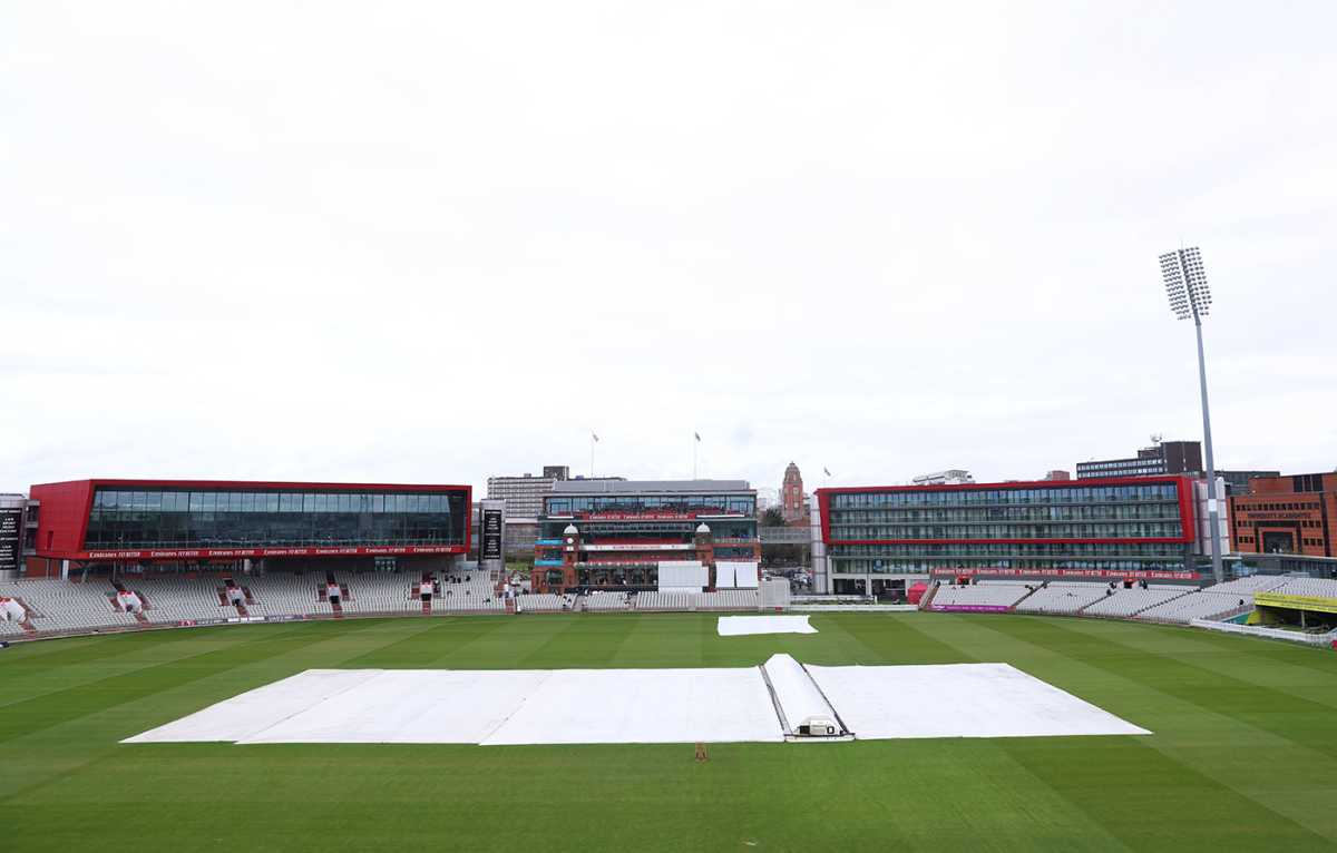 The covers were firmly in place after overnight rain, Lancashire vs Surrey, County Championship, Division One, Old Trafford, April 5, 2024