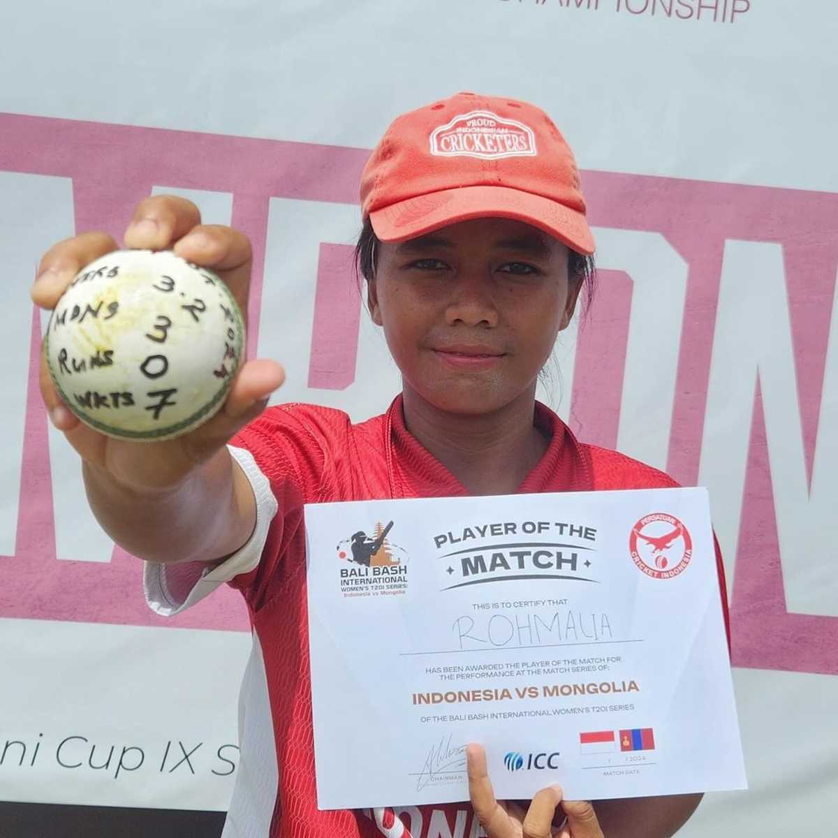 Rohmalia poses with her mementos from the game, Indonesia vs Mongolia, 5th women's T20I, Bali, April 24, 2024