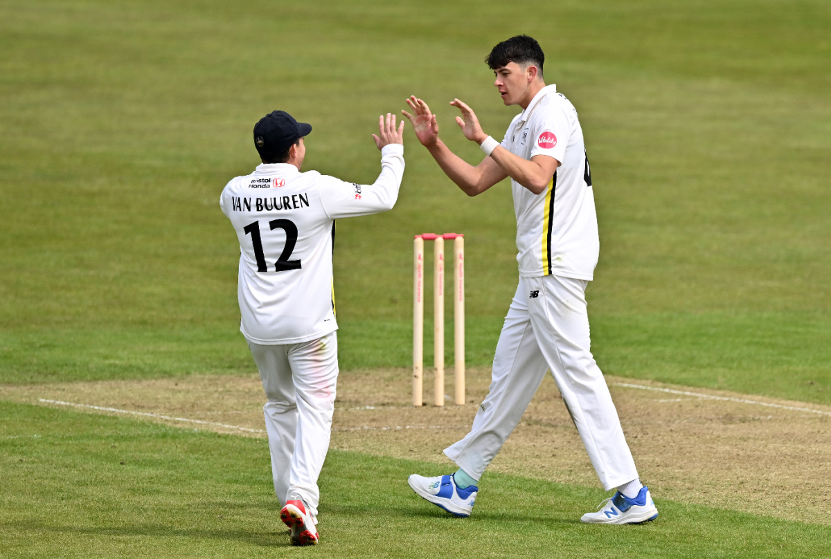 Dominic Goodman celebrates a wicket, Gloucestershire vs Middlesex, Vitality County Championship, Division Two, Bristol, April 26, 2024